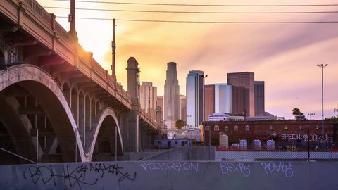 4K. Los Angeles city. Sunset over downtown LA skyline. Timelapse in motion (hyperlapse).
