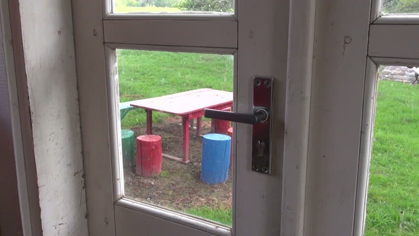 unlock with key and open farm house door in spring