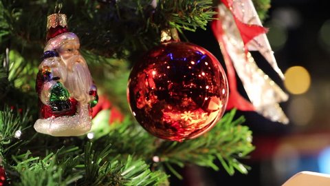 Christmas decorations and ornaments on decorated tree