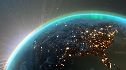 New highly detailed earth. America zone with aurora, night time and sunrise from space. 3D Render using satellite imagery (NASA).