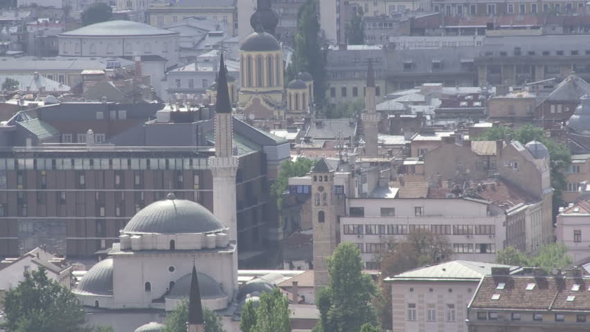 Panorama of Sarajevo with Gazi Husrev mosque from Ottoman period in the begining of Bascarsija, Bosnia an Herzegovina 