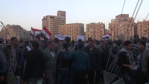 Demonstrators in Tahrir Square, Cairo on 1st Anniversary of Egyptian Revolution. Waving Egyptian flags, revolutionary Syrian flags. Egyptian Museum of Antiquities in background. (25 Jan 2012)