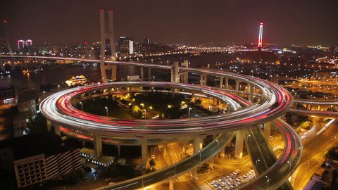 Timelapse of traffic on Nanpu Spiral at night ,  Shanghai,  China