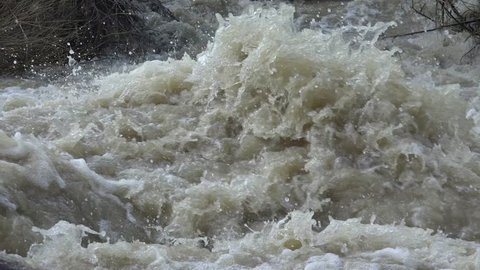 Ultra HD 4K Mountain Muddy River in Flood after Torrential Rain, Flooding by Rain, Storm, Stormy, Flooded Stream, Flowing Water Calamity Close up
