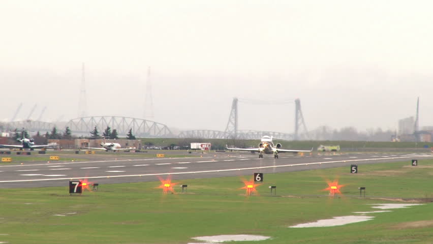 Airplane takes off at Portland Oregon airport.