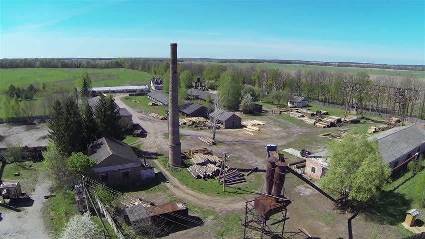 Panorama of old sawmill. Aerial