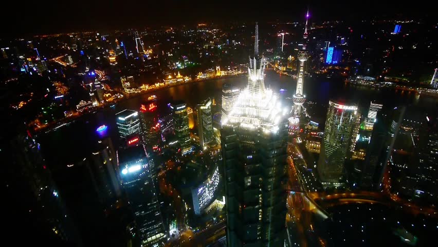Elevated view of highb uildings with river at night in Shanghai,China.Jin Mao Tower(one of China