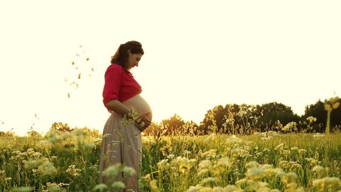9 months pregnant young woman enjoying harmony with yourself and nature. Dolly shot at beautiful sunset.
