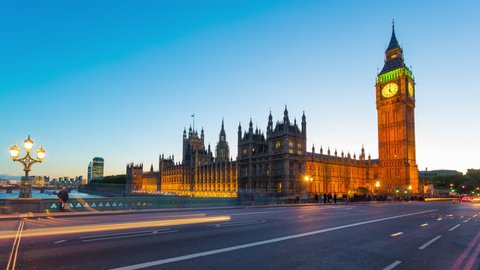 Time lapse footage of rush hour traffic on Westminster Bridge in London with Houses of Parliament and Big Ben in the background, London, England, United Kingdom