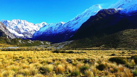 HD: Beautiful scenery of Aoraki Mount Cook valleys New Zealand national park Southern Alps mountains South Island, panning with motion control, 1920x1080
