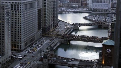 Time lapse of Chicago River and rush hour traffic at sunset