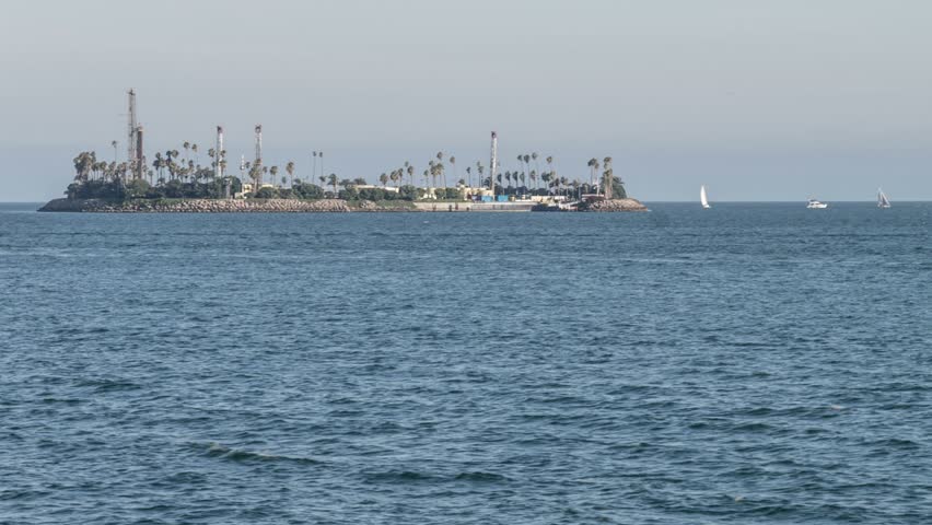 Time lapse video of Chaffee Island an oil rig off the shore of Long Beach, California
