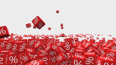Symbols of percent on falling red cubes