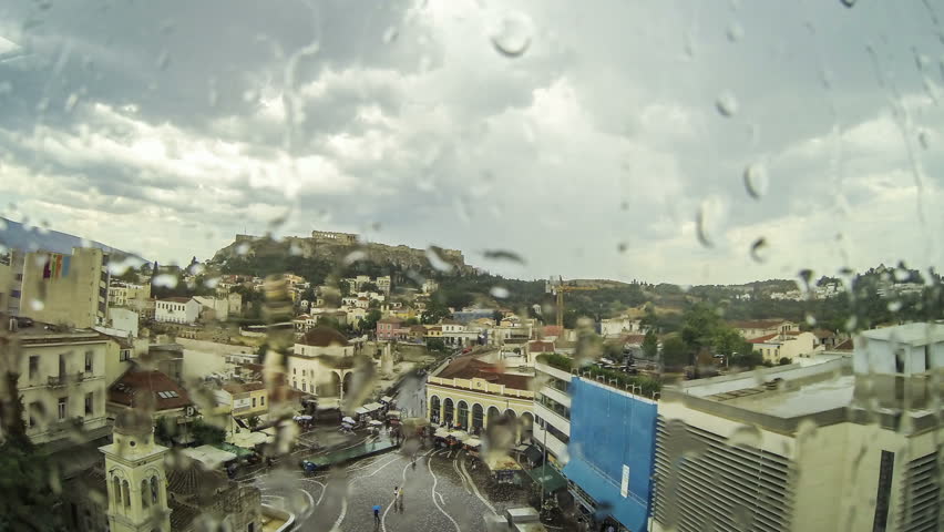 Acropolis Parthenon and Monastiraki view on a rainy day, Athens, Greece - Timelapse Full High Definition 1920X1080