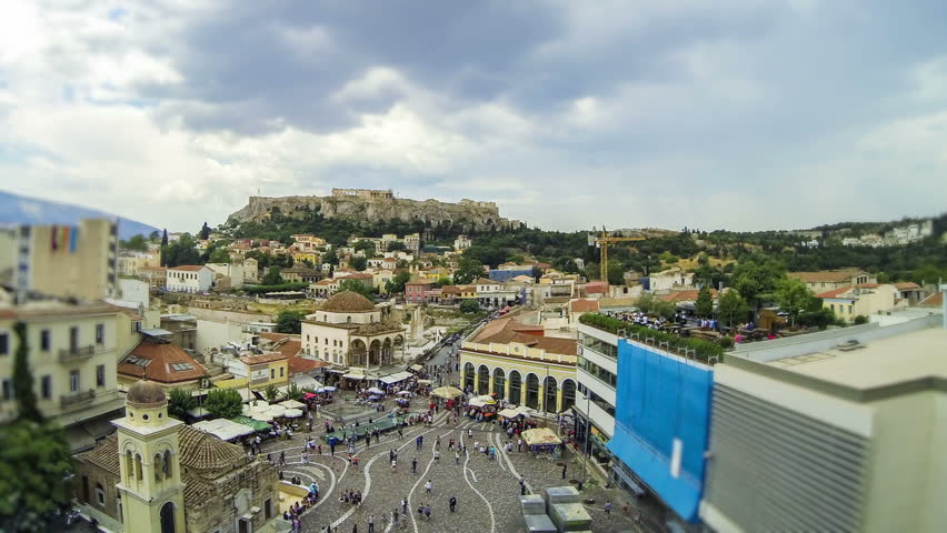 Acropolis Parthenon and Monastiraki view on a cloudy day, Athens, Greece , Tilt and shift version - Timelapse Full High Definition 1920X1080
