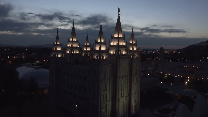 SALT LAKE CITY, UTAH - JUN 2014: Salt Lake Temple of The Church of Jesus Christ of Latter-day Saints (LDS Church) at Temple Square. 253,015 square feet. Dedicated 1893. Night dark view after sunset.