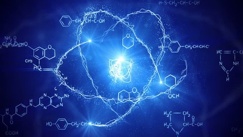 shiny atom model and chemistry formulas. Computer generated seamless loop abstract motion background
