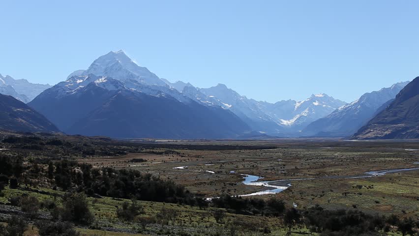 Aoraki / Mount Cook, the highest mountain in New Zealand and the Tasman river lies in the Southern Alps, the mountain range which runs the length of the South Island, New Zealand.