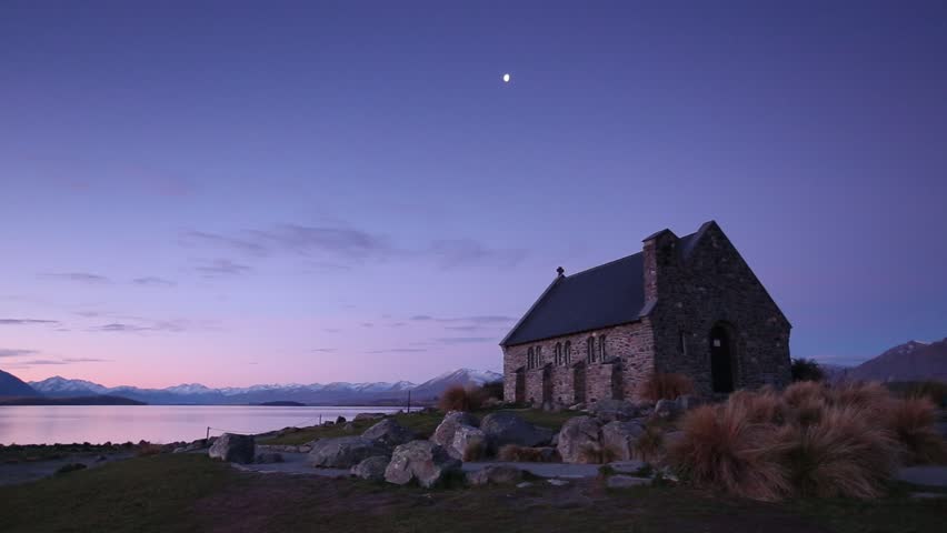 Twilight at the Church of the Good Shepherd, Lake Tekapo, the northern edge of the Mackenzie Basin in the South Island of New Zealand.