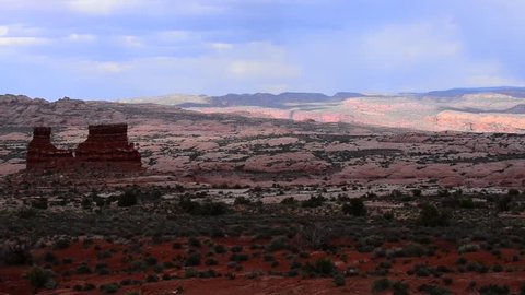 Arches National Park with La Sal Mountains slow pan