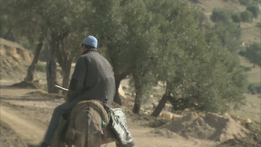 A poor farm worker riding a donkey on a dusty mountain path in a third world country.