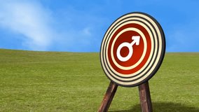 3d animated HD 1080p movie clip achieving the goal of a man symbol on a archery target with three arrows hitting the goal centre
