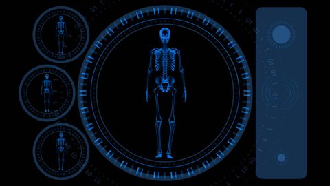 Skeleton Scan Screen - Hi-tech 16 (HD) - 3D animation. Medical, scientific, sci-fi, crime or hi-tech background. Screen with spinning skeleton and spinning rings. Alpha included. Loop.