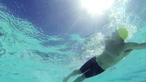Slow Motion Underwater View of Man Swimming 
