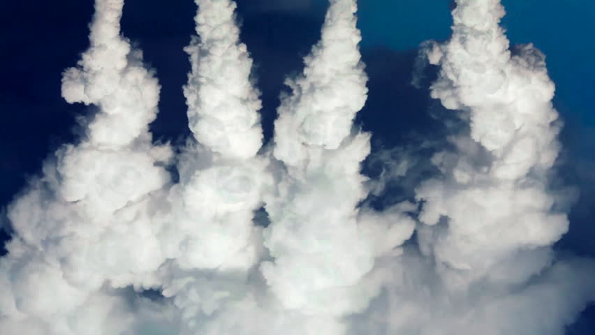 Fantastic heaven clouds factory. Fabulous four source of pure soft wreathing steam on dark blue cosmic background. Meditative and relaxing view of white swirling and curling puffy vapor.