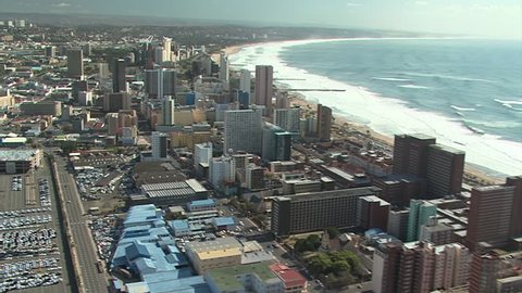 Aerial of Durban's beachfront and city. 