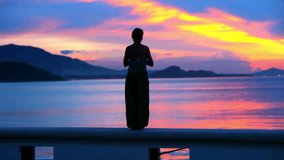 Happy Woman Jumping in Sea Sunset on Samui island, Thailand. 1920x1080