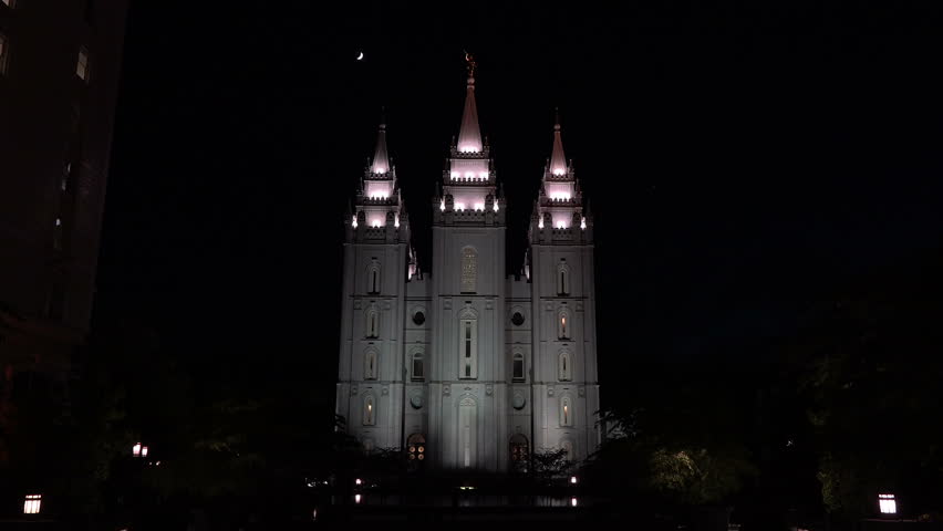 SALT LAKE CITY, UTAH - JUN 2014: Night zoom Mormon LDS Temple Salt Lake City Utah.  The Church of Jesus Christ of Latter-day Saints, LDS Church, Temple Square. 253,015 square feet. Dedicated in 1893.
