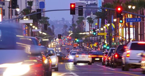 4K. Night street city urban traffic on Hollywood Boulevard in Los Angeles. Timelapse.