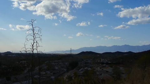 Panoramic of sunny village mountains in autumn,Altocumulus cloud in blue sky. 