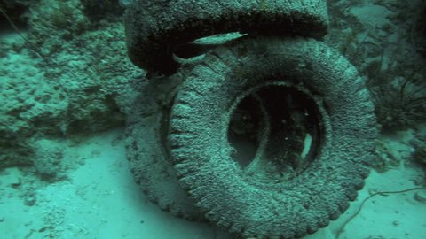 Truck tires in a pile on ocean floor, beginnings on an artificial reef in Panglao Island, Philippines