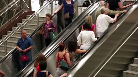GREECE, ATHENS, JUNE 7, 2013: Timelapse, People on escalator in underground station in Athens, Greece, June 7, 2013