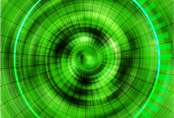 Hypnotic 3 dimensional  green spinning concentric circles with binary code.