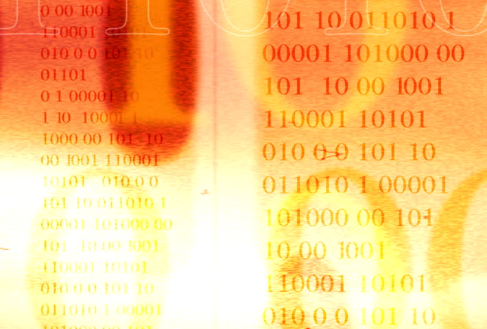 Red-gold animated background with binary code.