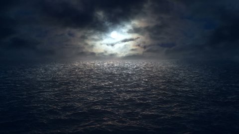 flying over moonlit ocean at night. Camera tracks slowly over dark ocean and clouds drift across the moon. Computer generated ocean composited together with timelapse night sky.