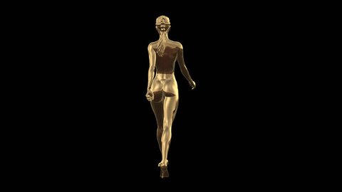 3D Concept Gold High Fashion Model High Heel Walk Back Full view in PNG + Alpha format 