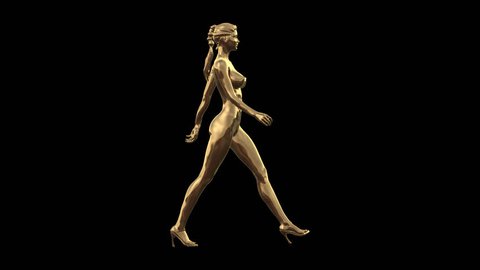 3D Concept Gold High Fashion Model High Heel Walk Profile Full view in PNG + Alpha format 
