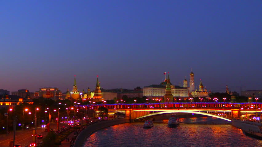 MOSCOW. RUSSIA. 9 MAY 2014: Evening city. View of the Moscow Kremlin from the bridge over the Moscow River. Shot on Canon HF G30. Full HD video, 60 fps.