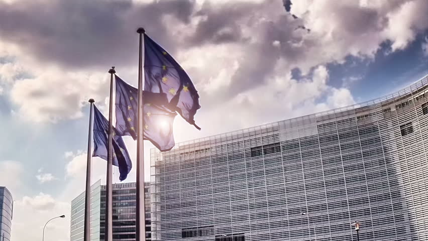 European Union flags waving in the wind in front of European Commission, Brussels Royalty-Free Stock Footage #6678071
