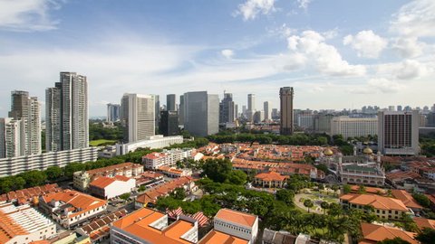Time lapse movie of moving clouds and blue sky over Kampong Glam with Singapore cityscape. Kampong Glam is a Malay village where the Sultan Mosque and Malay Heritage Center are located 1920x1080
