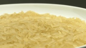 Plate of white uncooked rice turning on a white plate.

This video clip was shot in 4K Ultra High-Definition and offers four times the resolution of Full HD.