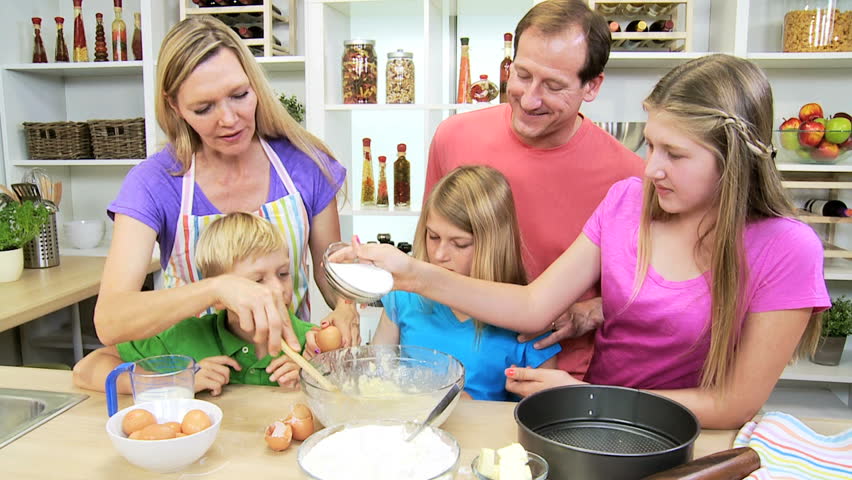 Parents Children Kitchen Baking Homemade Stock F