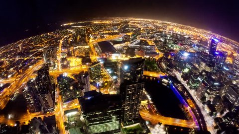 4k timelapse video of Melbourne city at night, fisheye view, zooming in