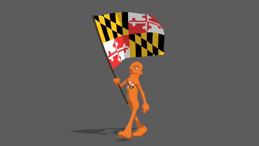 us maryland National Flag Carried By Character Loop. Features a marching type walk with flag held high billowing in the wind, a fun bright colorful cartoon. Transparency matte included.
