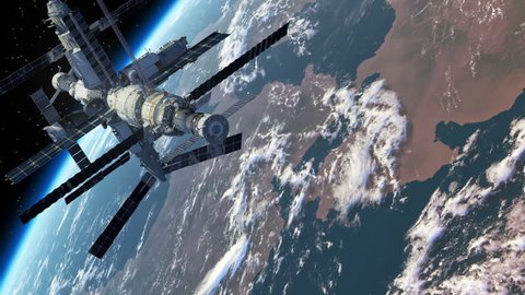 Flight Of The Space Station Above The Earth. 3D Animation.
