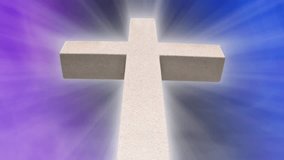 HD 720p seamless Loop with white cross and motion background of purple and blue with light rays emanating from the cross.